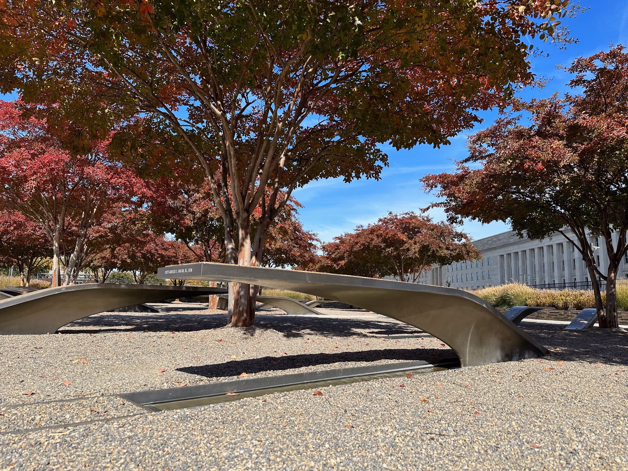A steel bench engraved with the name of Pentagon 9/11 victims..