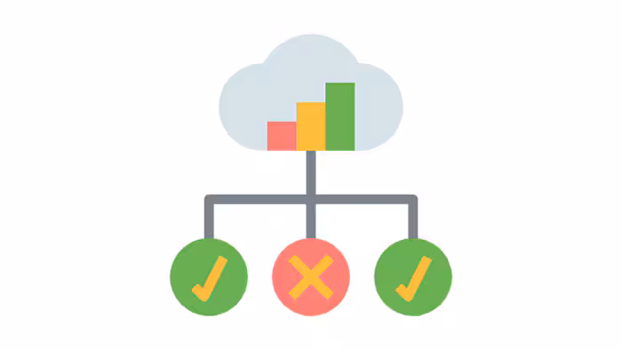 Cloud with a bar graph, with lines connecting the graph to two circles with check marks and one circle with an X.