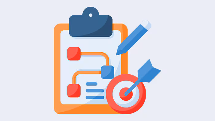 A clipboard, a sheet of paper with blocks and lines, a pencil, and a target with an arrow