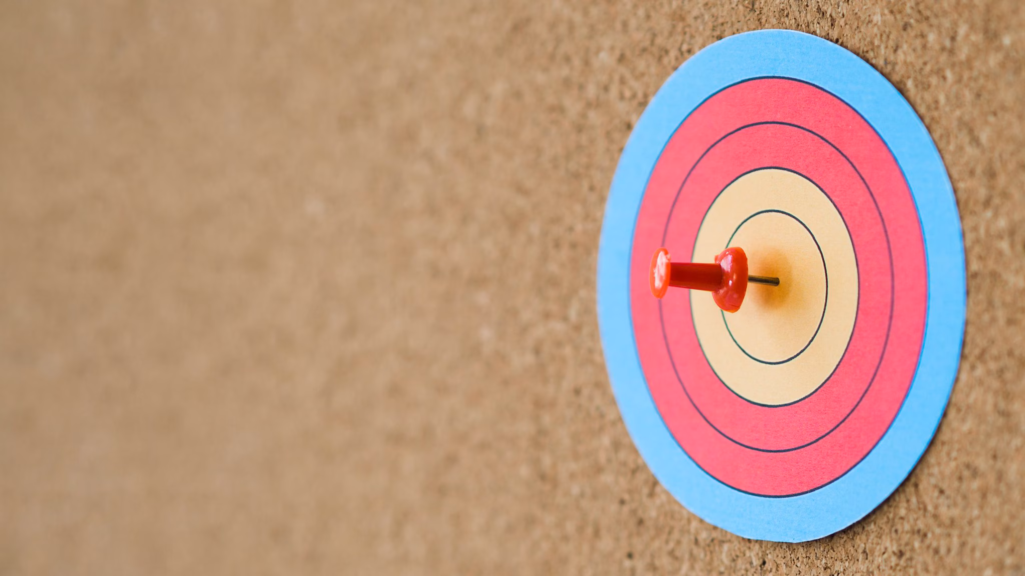 A corkboard with a paper target attached and a push pin in the center.