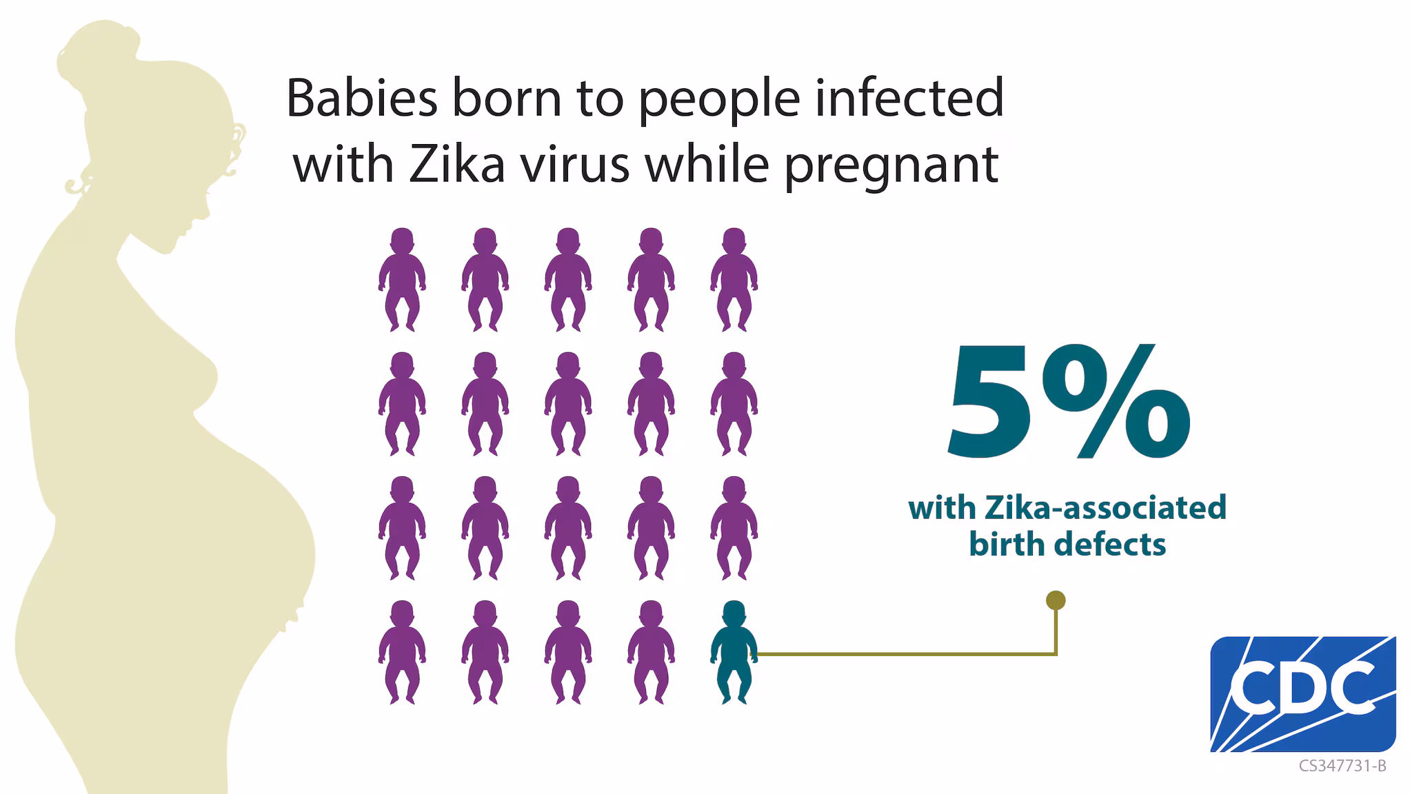 Zika-associated birth defects occurred in about 5% of babies born to people with Zika while pregnant.